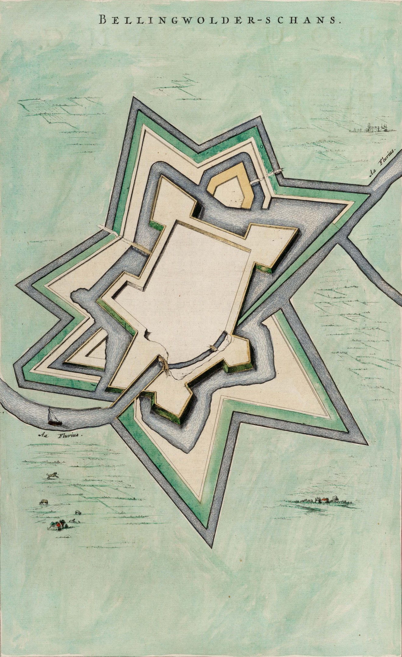 Ein detailliertes Plakat mit einer Karte von Bellingwolderschans, Deutschland, mit Straßen, Gebäuden und Sehenswürdigkeiten, begleitet von Text über die Geschichte, Kultur und Attraktionen der Stadt.