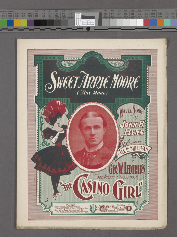Plakat für das Stück 'Sweet Annie Moore und die Casino Girl' mit zwei Schauspielern, mit fetter Titeltext auf einem hellgelben Hintergrund.