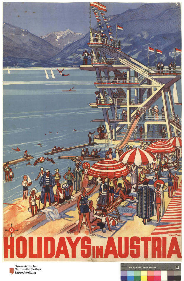 Plakat, das Urlaube in Österreich bewirbt, zeigt Menschen am Strand mit Schirmen, ein Schiff im Hintergrund, Fahnen und entfernte Berge.