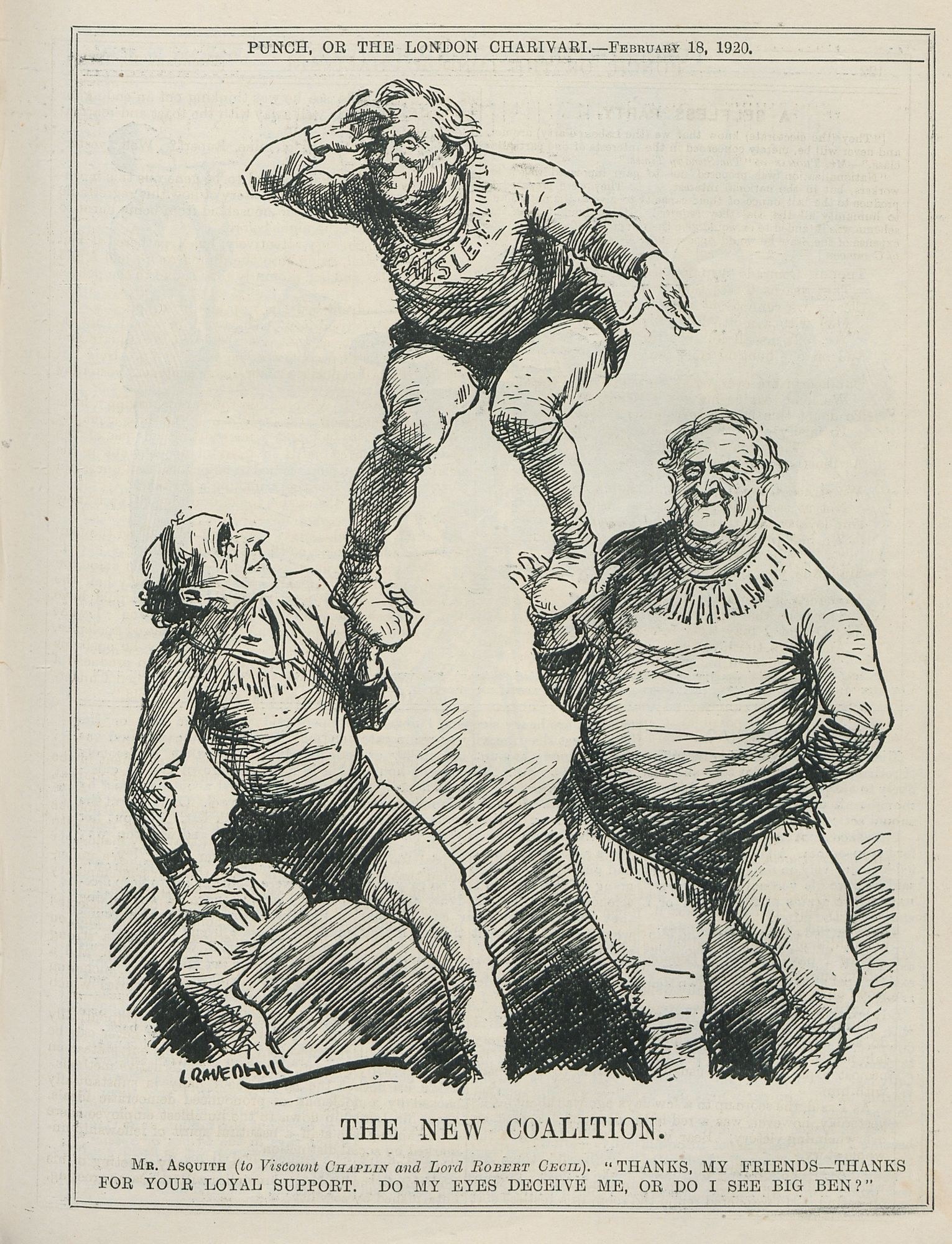 Ein historisches politisches Karikatur aus Punch, oder The London Charivari, vom Februar 18, 1920, das drei besorgte Gestalten zeigt, darunter eine centrae Figur in Qualen.