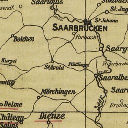 Detailierte Vintage-Karte von Saarbrücken, Deutschland, zeigt Straßen, Gebäude und Sehenswürdigkeiten in klassischer Serifenschrift.