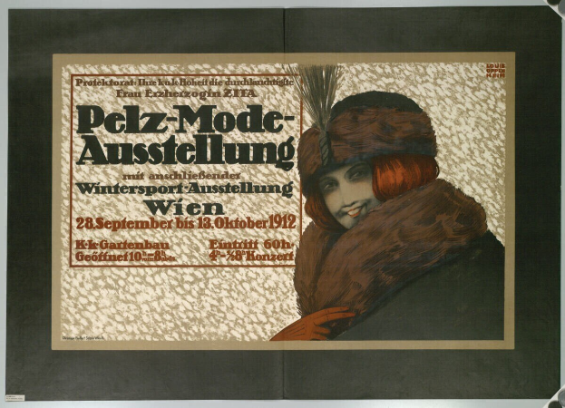 Ein Plakat für ein Wintersport-Event in Wien, Österreich, das eine lachende Frau in einem Pelzmantel und einer Mütze mit Eventdetails in Text zeigt.