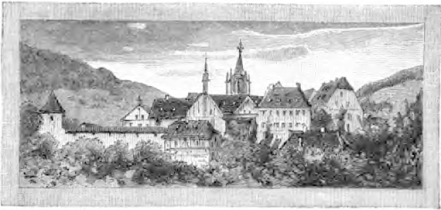 Schwarze und weiße Gravur eines Schlosses in einem Wald, umgeben von Bäumen und Hügeln im Hintergrund, beschriftet mit 'Bayern, Deutschland' unten.