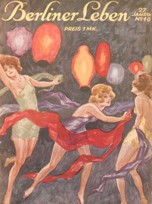 Cover des 'Berliner Leben'-Magazins mit einem Bild von drei tanzenden Frauen in bunten Kleidern, umgeben von farbigen Ballons verschiedener Gr├Â├čen und Farben.