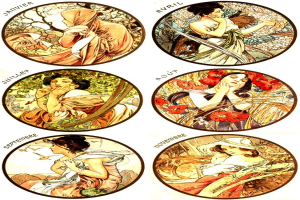 Ein Plakat mit sechs Frauen in verschiedenen Posen, mit großem Text und einem dekorativen Rahmen, primarily in shades of blue, green, and yellow.