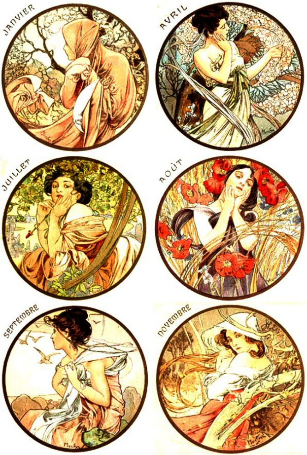 Ein Plakat mit sechs Frauen in verschiedenen Posen, mit großem Text und einem dekorativen Rahmen, primarily in shades of blue, green, and yellow.