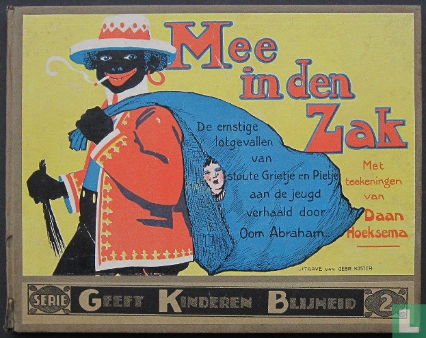 Plakat auf schwarzem Hintergrund mit dem Text "mee in den zak" (Niederländisch für "me in the bag") und einem Bild einer Person in einem weißen Hemd und blauer Mütze mit einem verschmitzten Gesichtsausdruck.