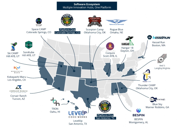 Eine Karte der Vereinigten Staaten mit Logos von Unternehmen und Text, die die Standorte von Software-Ökosystem-Geschäften zeigt.