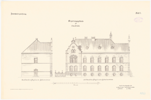 Eine Zeichnung eines mehrfenstrigen Gebäudes, wahrscheinlich ein Wohnhaus, mit handgeschriebener Text auf dem Papier.