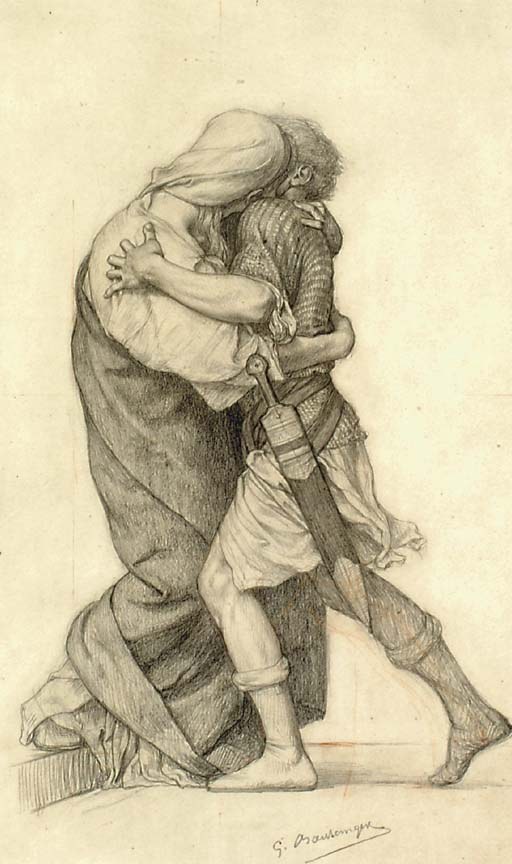 Eine Zeichnung eines Mannes und einer Frau, die sich in einer leidenschaftlichen Umarmung küssen, wobei der Mann ein Schwert hält und unten ein Text steht.