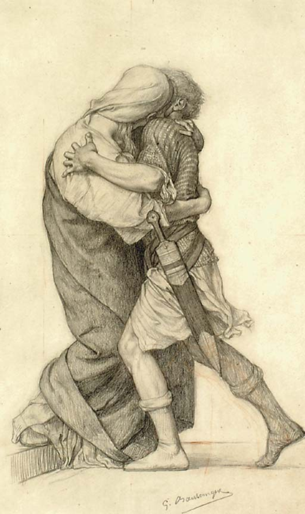 Eine Zeichnung eines Mannes und einer Frau, die sich in einer leidenschaftlichen Umarmung küssen, wobei der Mann ein Schwert hält und unten ein Text steht.