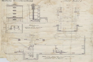 Eine detaillierte Zeichnung einer 19. Jahrhundert-Druckerpresse auf altem Papier, begleitet von erklärendem Text.