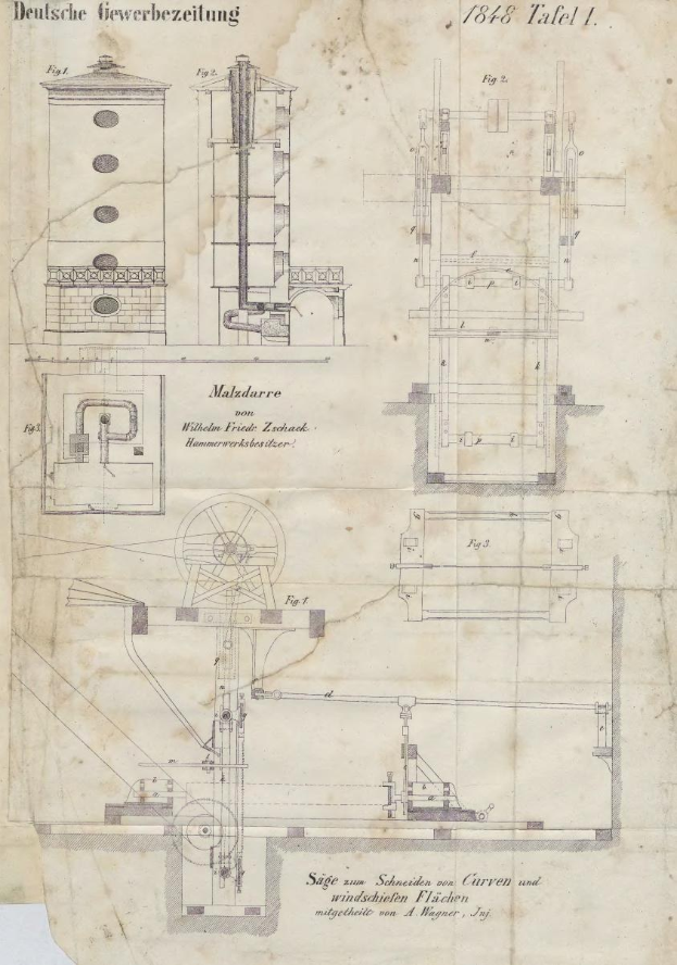 Eine detaillierte Zeichnung einer 19. Jahrhundert-Druckerpresse auf altem Papier, begleitet von erklärendem Text.