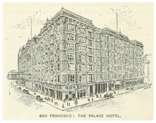 Eine Zeichnung des Palace Hotel in San Francisco, Kalifornien, mit einem großen Gebäude mit vielen Fenstern, Menschen und Fahrzeugen vor dem Gebäude und Text unten.