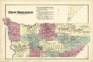 Ein altes Stadtplan von New Bremen, Wisconsin, mit farbigen Bezirken und Text, der die Geschäftsanzeigen, Bevölkerung, Straßen und Sehenswürdigkeiten der Stadt beschreibt.
