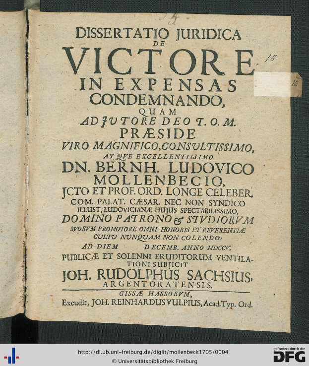 Ein aufgeschlagenes Buch mit dem Titel "Dissertation Juridica de Victore in Expensas Condemando" und Text auf der sichtbaren Seite, der sich auf den Gerichtshof bezieht.