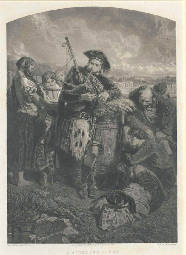 Schwarze und weiße Gravur eines Mannes, der eine Dudelsackpfeife vor einer Gruppe von Menschen spielt, mit einem bewölkten Himmelhintergrund und der Inschrift "Eine Highland-Pfeife" unten.