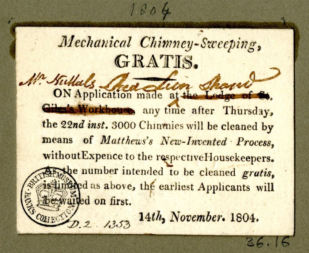 Papierdokument mit gedrucktem Text und einem roten Stempel mit der Aufschrift "Mechanische Schornsteinfegerei, Gratis".