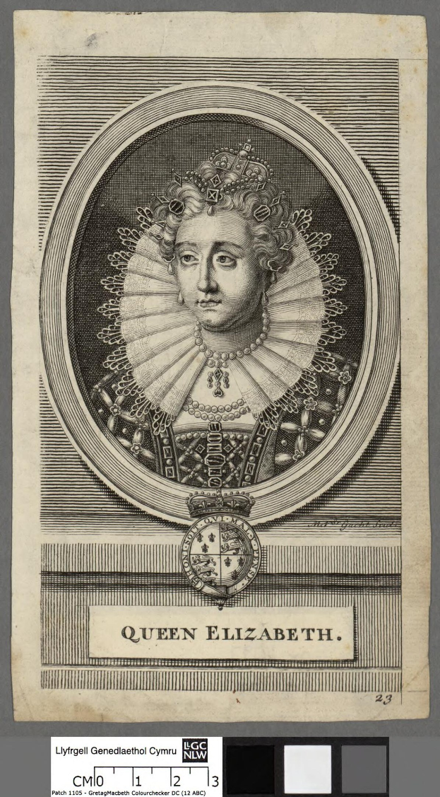 Porträt der Königin Elizabeth I. von England in königlicher Kleidung mit einer Krone und Tiara, ihr Haar ist zu einem Dutt gebunden, vor einem grauen Hintergrund, blickt zur Seite mit einem würdevollen Gesichtsausdruck.