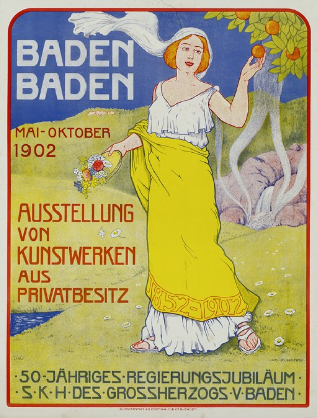 Plakat aus dem Jahr 1902, das ein Baden-Baden-Bierfest bewirbt und eine Frau in einem gelben Kleid zeigt, die ein Objekt hält und vor einem Baum steht, mit Text zur Bewerbung des Events.