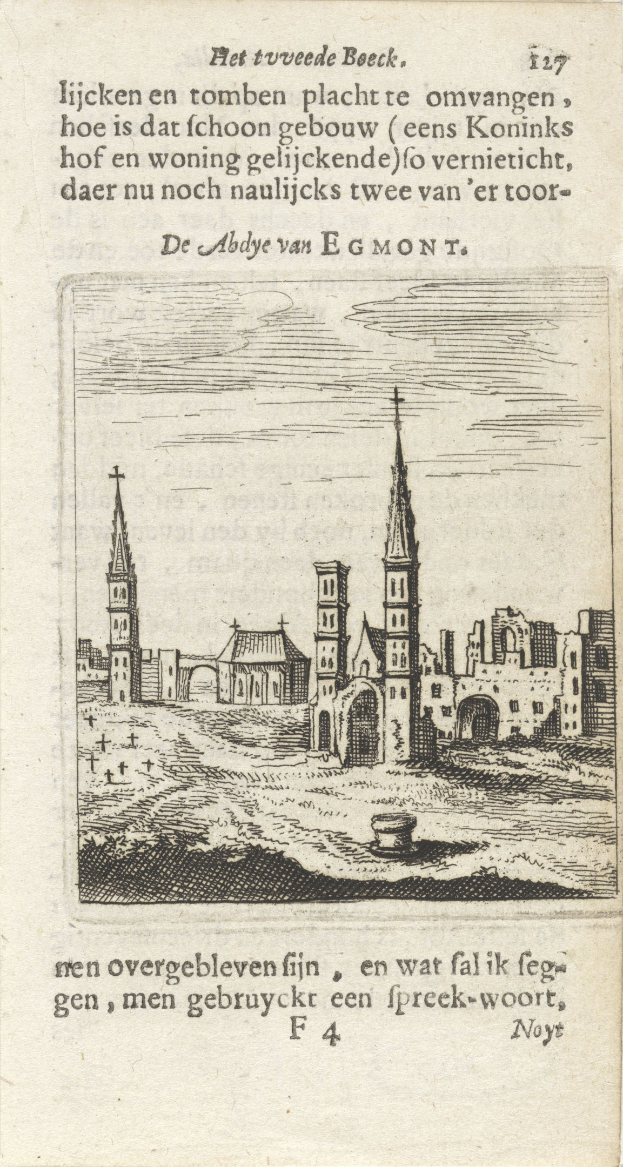 Ausführliche Illustration einer alten Stadtansicht mit Gebäuden und begleitendem Text.