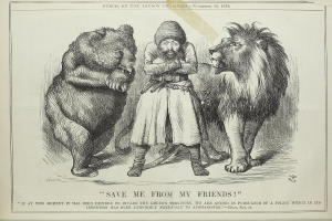 Ein Mann in langem Mantel und Hut steht zwischen zwei Löwen und sieht entschlossen aus, mit dem Text "Retten Sie mich vor meinen Freunden" unten.