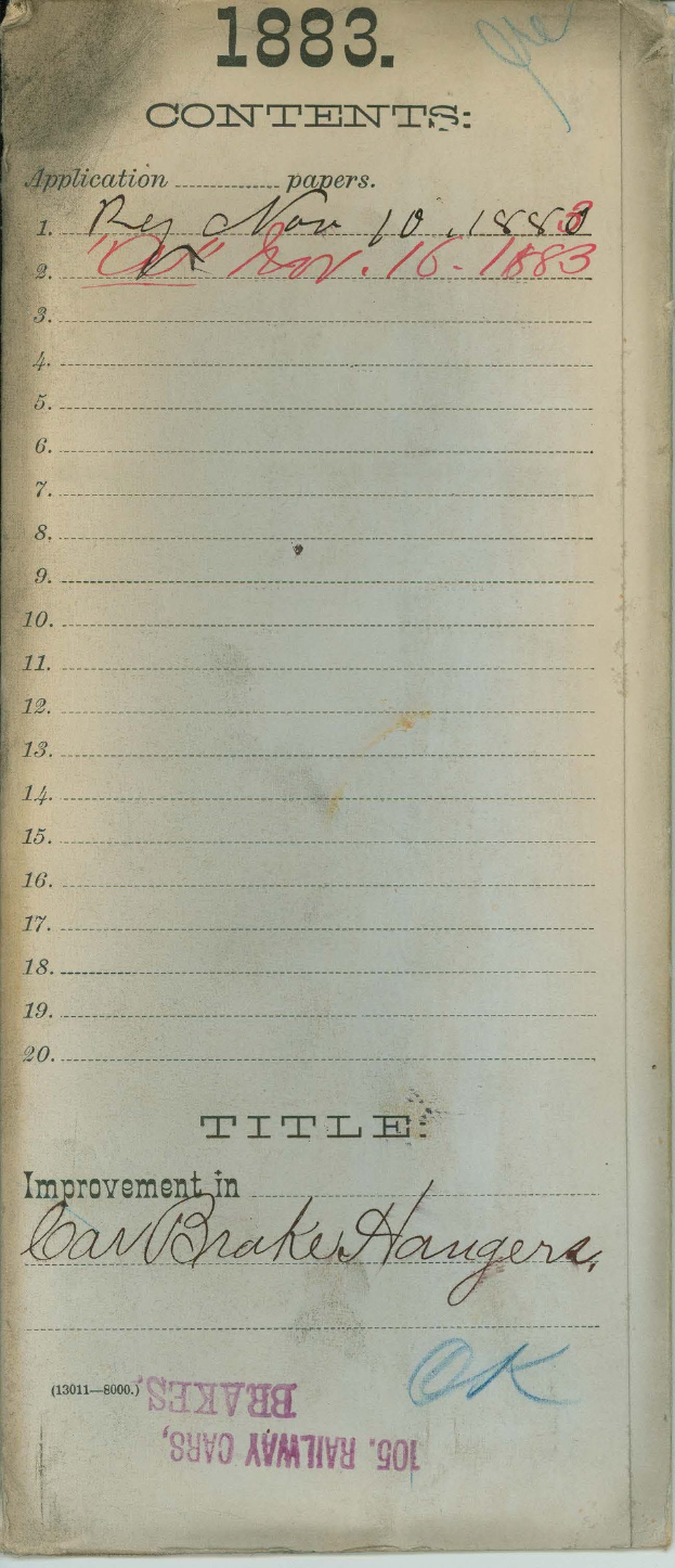 Offene Buchseite mit einer Liste von Verbesserungen für Bremser's Eisenbahnwagen aus dem Jahr 1883