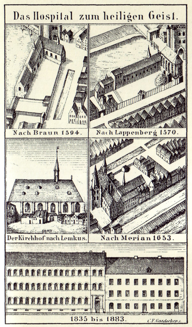 Eine detaillierte Plakatillustration eines deutschen Krankenhauses mit Gebäuden, Fenstern, Türen, Balkonen und begleitendem Text, der seine Größe, Lage und Merkmale beschreibt.