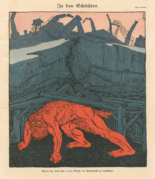 Illustration eines bedrohlichen Werwolfs in Kampfstellung vor einem rauchenden Fabrikgelände unter einem tiefblauen Himmel, mit einem auffälligen Plakat mit dem Werwolf im Hintergrund.
