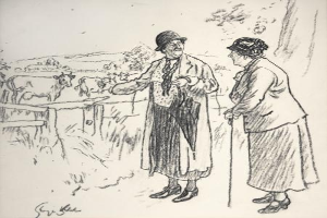 Ein Mann und eine Frau stehen nebeneinander auf einem Feld, der Mann hält einen Stock, mit Tieren, Bäumen und einem Zaun im Hintergrund; Text unten lautet "Die Farmerin von Sir Edward Burne-Jones".