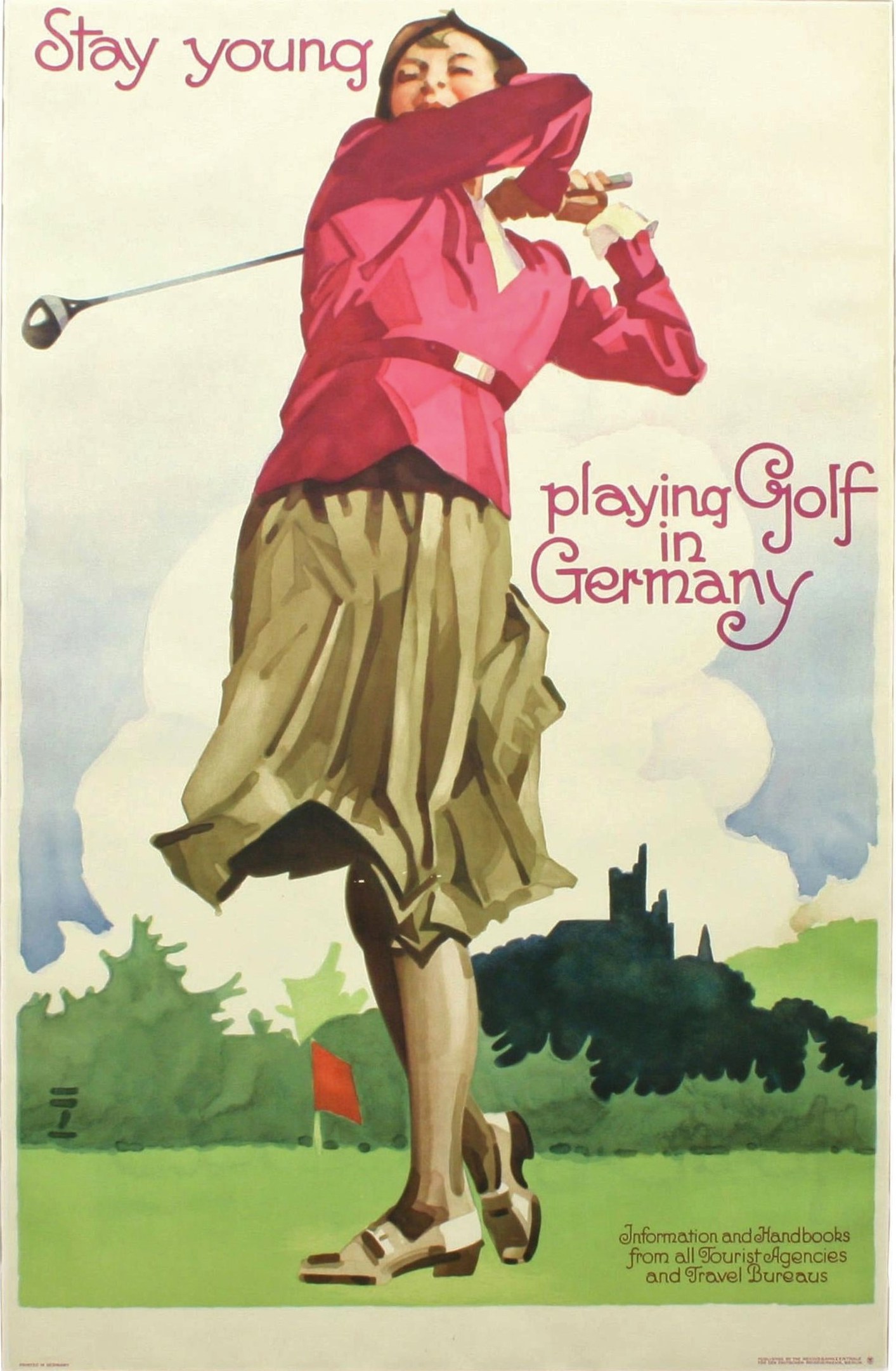 Ein Plakat einer Frau mit einem Golfschläger auf einem Golfplatz in Deutschland, mit einer Fahne und Bäumen im Hintergrund und Text, der Informationen zum Golfplatz enthält.