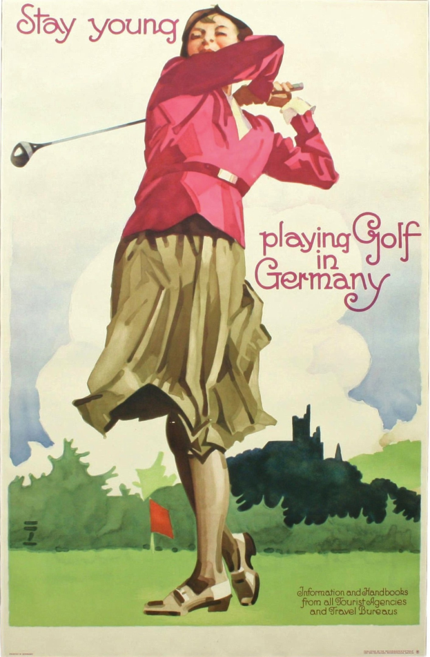 Ein Plakat einer Frau mit einem Golfschläger auf einem Golfplatz in Deutschland, mit einer Fahne und Bäumen im Hintergrund und Text, der Informationen zum Golfplatz enthält.