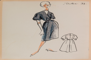 Eine Zeichnung einer Frau in einem Kleid im Stil der 1960er Jahre mit einem Kragen, langen Ärmeln und einemrock mit Falten, die mit ausgestreckten Armen und leicht geneigtem Kopf steht, mit der Aufschrift "1960er Jahre" auf dem Papier.