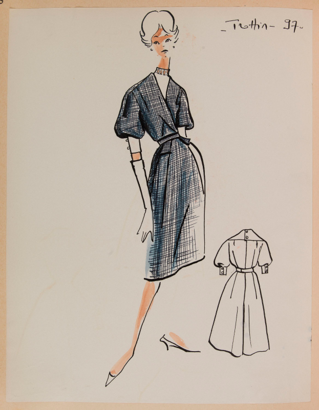 Eine Zeichnung einer Frau in einem Kleid im Stil der 1960er Jahre mit einem Kragen, langen Ärmeln und einemrock mit Falten, die mit ausgestreckten Armen und leicht geneigtem Kopf steht, mit der Aufschrift "1960er Jahre" auf dem Papier.