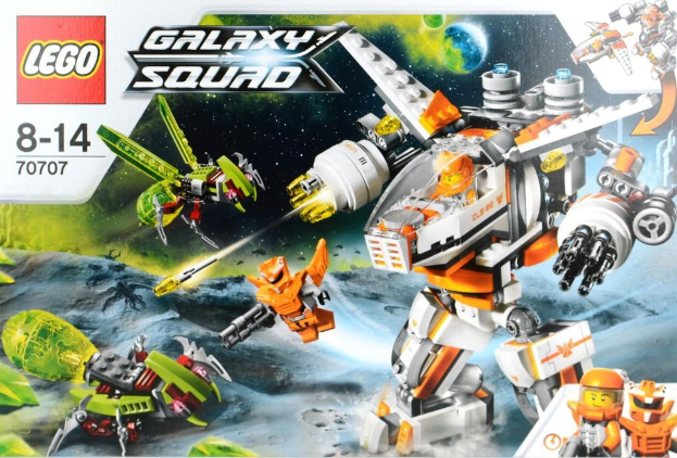 Plakat mit einem von animierten Personen bedienten Roboter, mit künstlichen Vögeln, Planeten und Sternen am Himmel sowie Boden, Wasserzeichen und Texten.