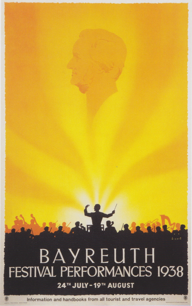 Plakat für die Bayreuth-Festival-Aufführungen 1938 mit einer zentralen Figur umgeben von einer Gruppe, mit Text über das Ereignis.