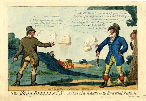 Zwei Männer stehen auf dem Boden, einer hält eine Waffe in der Hand, im Hintergrund ein Wagen mit Menschen, Bäumen, Hügeln und Himmel; die Bildunterschrift lautet "Die Schlangenduellanten: Ein Schuss auf einen Habicht oder die verwundete Taube."