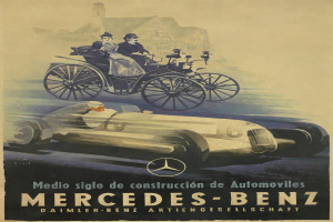Vintage-Mercedes-Benz-Werbung aus den 1930er-Jahren, die ein Auto mit zwei Personen, ein Geb├Ąude im Hintergrund und Text zeigt, der das Fahrzeug beschreibt.