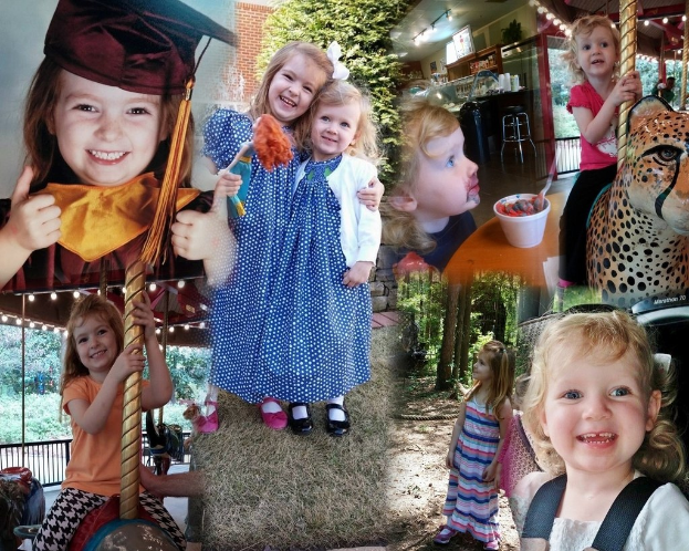 Collage mit lustigen Fahrgeschäften, Kindern, einem Tisch mit Lebensmitteln, Besteck, Lichtern, Naturlementen und verschiedenen Gegenständen.