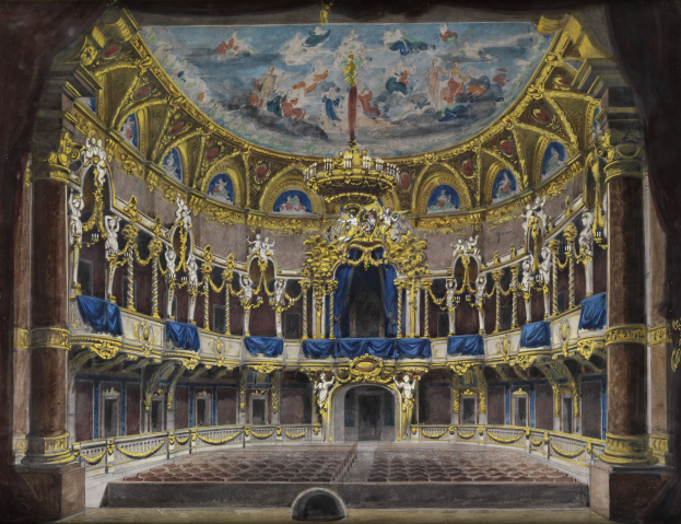 Gemälde eines Theaterinneren mit einem prächtigen Deckengewölbe mit detaillierten Verzierungen und Skulpturen, geschmückten Wänden mit Säulen, Geländern und Vorhängen, einem Teppichboden und einem zusätzlichen Gemälde oben.