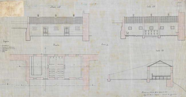 Ein detailliertes architektonisches Zeichnung eines mehrfenstrigen Schulgebäudes mit begleitendem Text und Layoutdetails auf Papier.