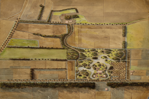 Eine Luftaufnahme eines üppigen, grünen Gartens auf einem Feld, mit verschiedenen Pflanzen, Bäumen und einem gewundenen Pfad, der zu einem Haus führt, unter einer strahlenden Sonne. Text oben und unten lautet "Pläne für den Garten des Houses of Commons".