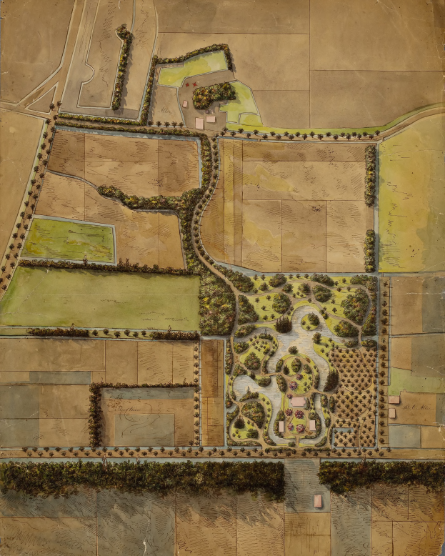 Eine Luftaufnahme eines üppigen, grünen Gartens auf einem Feld, mit verschiedenen Pflanzen, Bäumen und einem gewundenen Pfad, der zu einem Haus führt, unter einer strahlenden Sonne. Text oben und unten lautet "Pläne für den Garten des Houses of Commons".