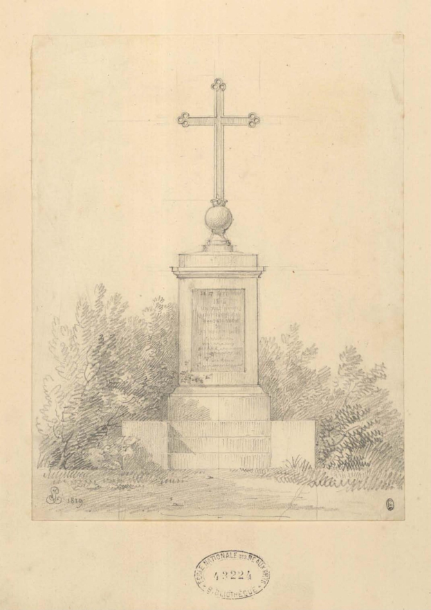 Eine Zeichnung eines Kreuzes auf einem Sockel in einem Park, umgeben von Bäumen, mit Text und einem Stempel unten, der darauf hinweist, dass es ein Denkmal für die Opfer des Krieges ist.