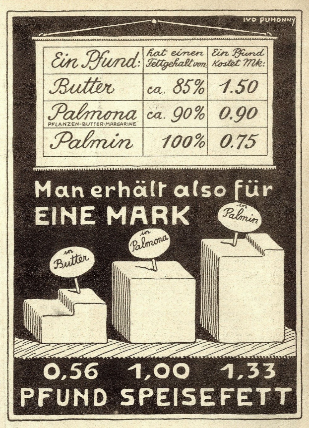Schwarze und weiße Werbeplakat mit einer Zeichnung einer Butterdose mit Text und Zahlen.