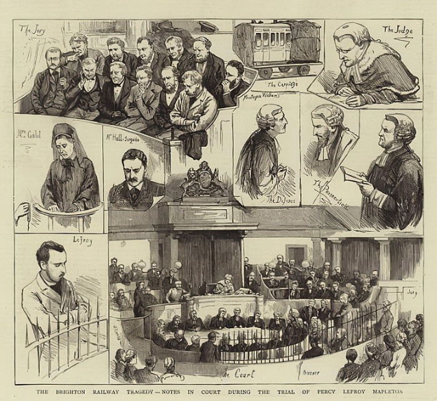 Schwarzes und weißes Gerichtszimmer mit einer stehenden Person, die ein Buch hält, sitzenden Beobachtern und einem im Hintergrund sichtbaren Zug, betitelt "The Brighton Railway Tragedy - Notes in Court During the Trial of Percy Leffroy Mapleton."