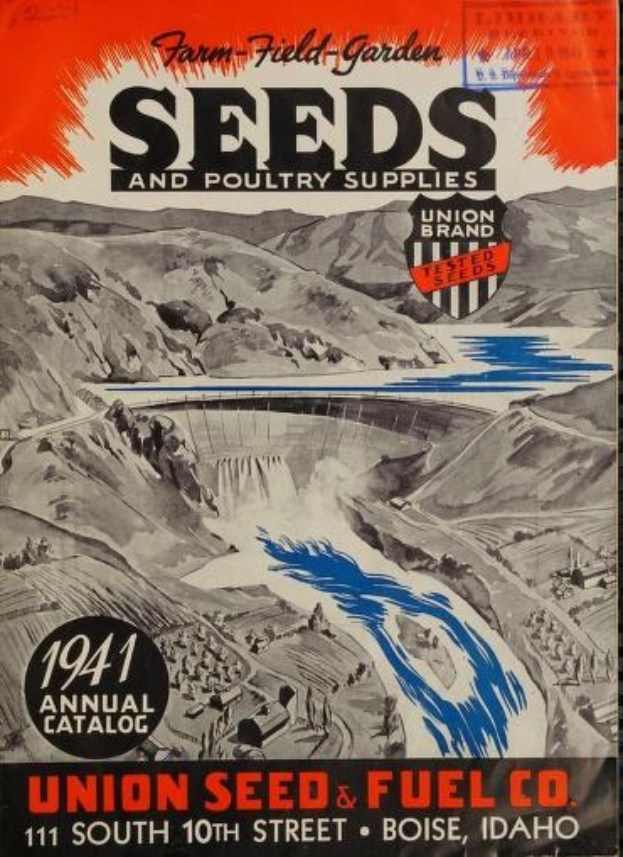 Deckblatt des 1941 Union Seed & Fuel Co. Annual Catalog mit Text "Samen und Geflügelversorgung" und farbenfroher Illustration von Samen und Geflügelversorgung.