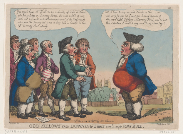 Cartoon-Illustration von Menschen, die vor einem Gebäude mit Bäumen und Himmel stehen, mit Text unten, der 'odd fellows from downing street complaining to John Bull' lautet.
