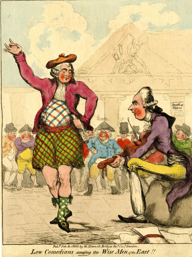 Cartoon eines Mannes in einem Kilt und einer Frau in einem Kleid, die vor einem Gebäude vor einem Publikum unter einem bewölkten Himmel auftreten, mit der Beschriftung "Low Comedians Amusing the Wise Men of the East" unten.