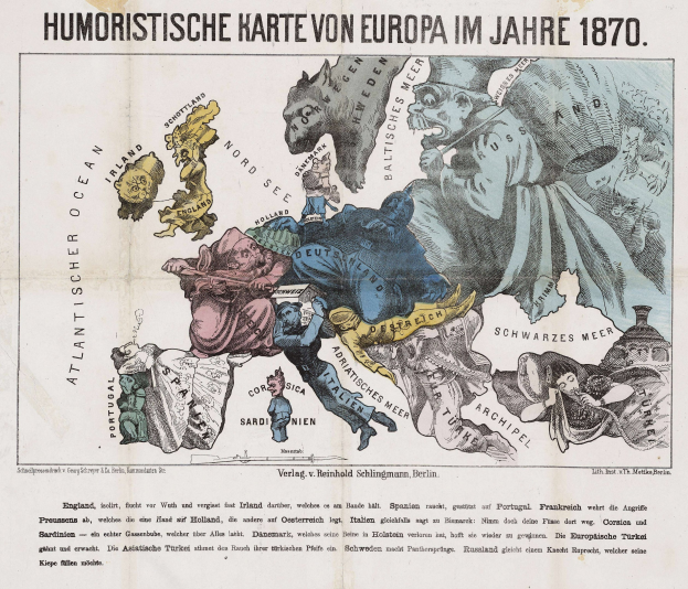 Ein Plakat mit einer Europakarte von 1870, umgeben von Karikaturen und dem Text "Humoristische Karte von Europa im Jahre 1870".